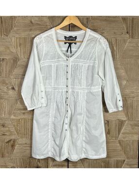 Verge White Cottagecore Cotton Lace Trim Button Front Tunic Top Size Small Boho